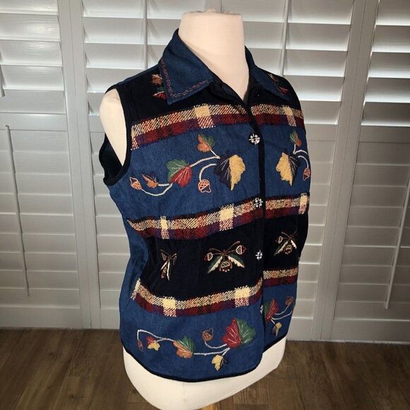 New Direction Plus 3X Blue Chambray Denim Vest Embroidered Harvest Fall Collared - Picture 2 of 12